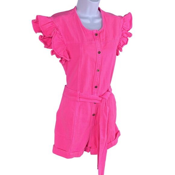 Day + Moon NWT Womens S Barbiecore Pink Denim Romper Ruffle Sleeve Beachy Girly - Picture 9 of 16